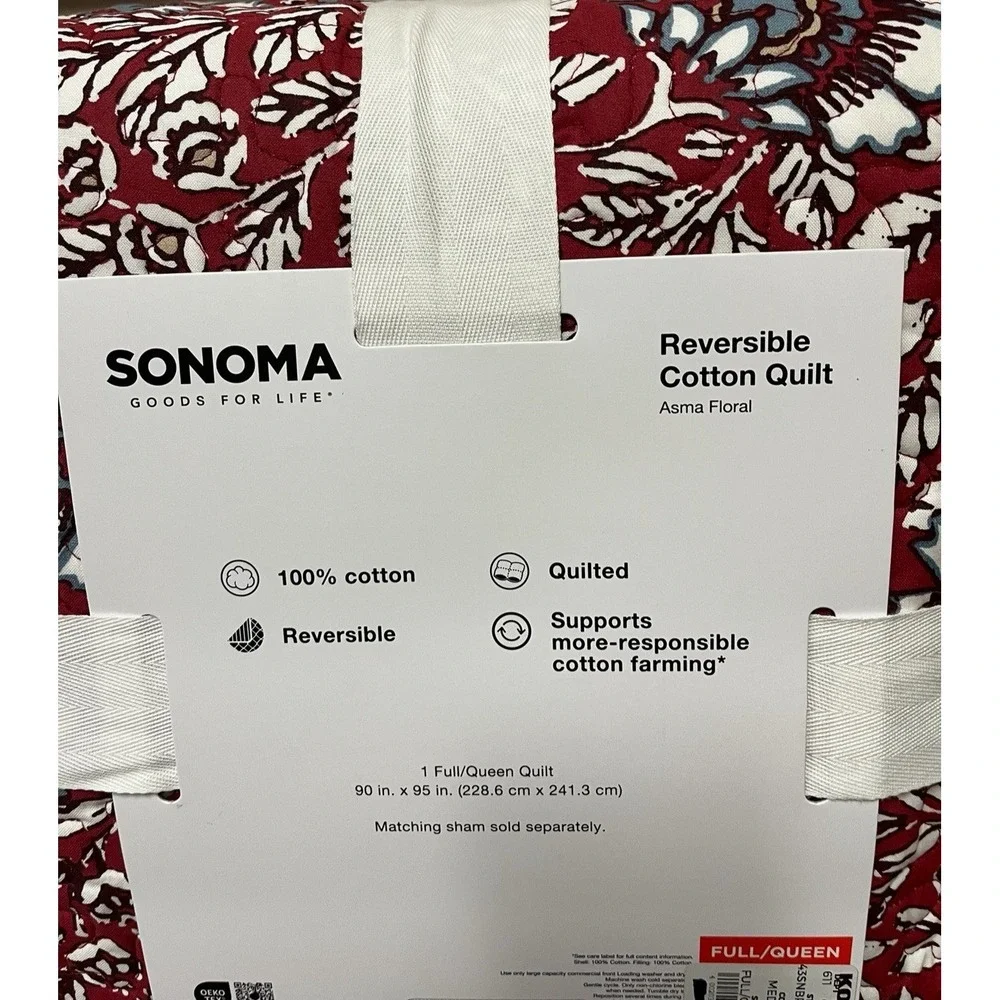 Sonoma Full Queen Reversible Cotton Quilt Asma Floral Quilted‎ 90 x 95 Red Black